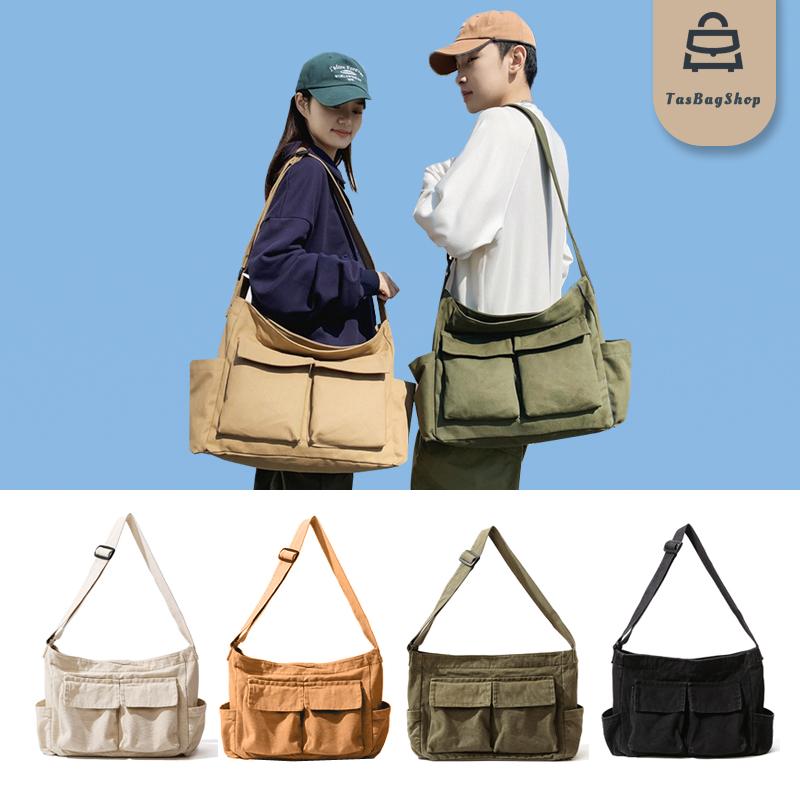 TasBagShop Large Capacity Canvas Shoulder Crossbody Messenger Bag Multi-pocket Canvas Bag