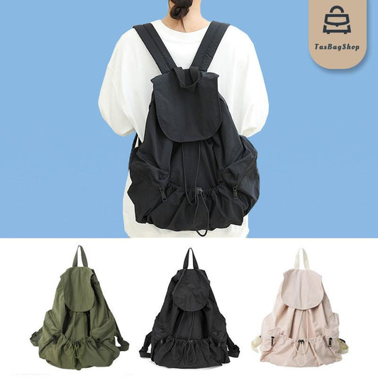 TasBagShop Japanese Flap Nylon Backpack Woman Pleated drawstring Large capacity bag pack casual light puffy school bag