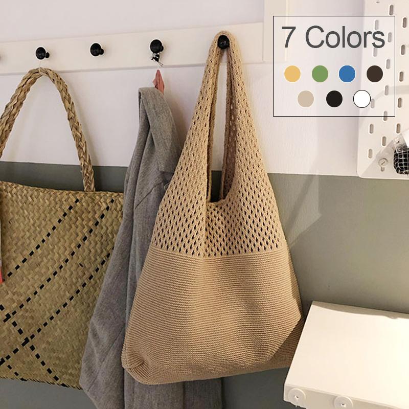 TasBagShop Korean Retro Hollow Knitted Bag Hollow Mesh Woven Bags Cotton Rope Knitting Women Shoulder Bags Female Woven Bag