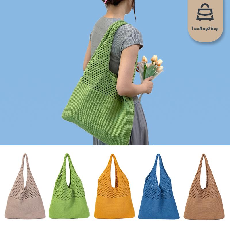 TasBagShop Korean Retro Hollow Knitted Bag Hollow Mesh Woven Bags Cotton Rope Knitting Women Shoulder Bags Female Woven Bag