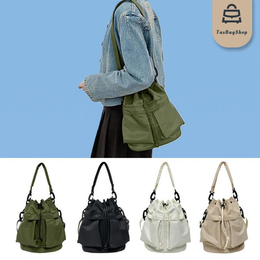 TasBagShop LOCAL STOCK Dumpling Drawstring Bucket Tote Bag Casual Lightweight Nylon Shoulder Crossbody Bag For Women